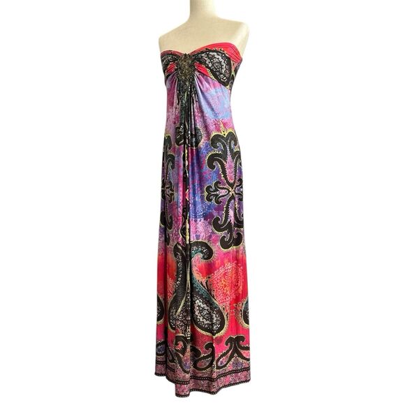 Boston Proper Boho Goddess Strapless Maxi Dress Size M Hippie Medallion Beading - Picture 2 of 14